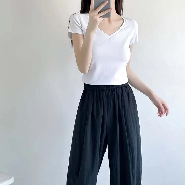 CHINEE-High-Quality-Basic-Womens-T-Shirt-Solid-Color-Regular-V-Neck-Short-Sleeve-T-Shirt-for-Women