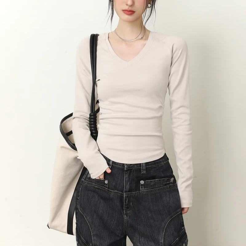 CHINEE-High-Quality-Cotton-Womens-V-Neck-T-Shirt-Slim-Fit-Simple-Long-Sleeved-Anti-Pilling-Custom-Logo-Factory-Casual
