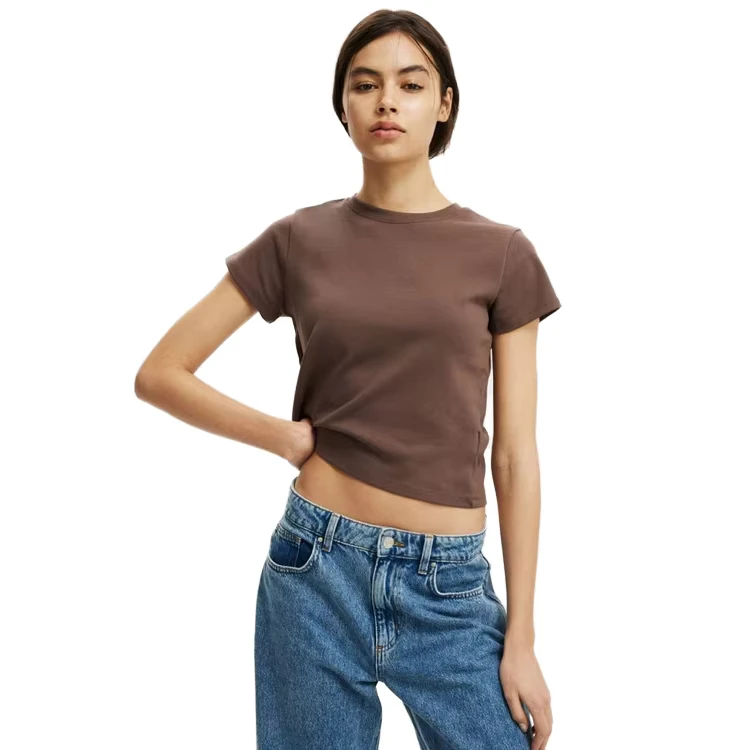 CHINEE-High-Quality-Custom-Rhinestone-Logo-Cotton-Spandex-Basic-Baby-Tee-Women-Slim-Fitted-Crop-Top-Short-Sleeve-Baby-Tee-for-Women