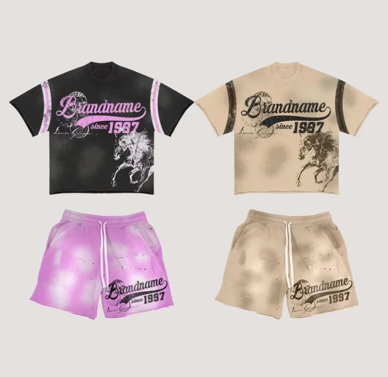CHINEE-High-Quality-Custom-Screen-Printed-Logo-100-Cotton-T-Shirt-Short-Mens-2-Piece-Set-Paint-Effect-2-Tone-Streetwear-Breathable-Set