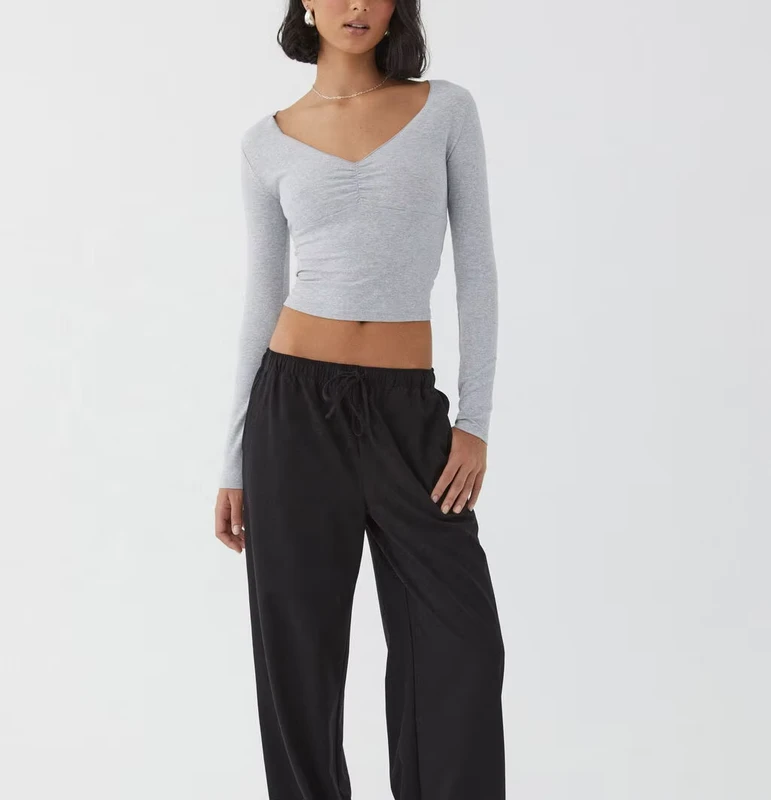 CHINEE-High-Quality-Custom-V-neck-Cotton-Blank-Ruched-Crop-T-shirt-Top-for-Woman
