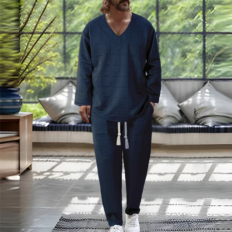 CHINEE-High-Quality-Fashion-Solid-Color-Texture-High-Elasticity-V-Neck-Mens-Casual-Long-Sleeved-T-Shirt-Trousers-Suit