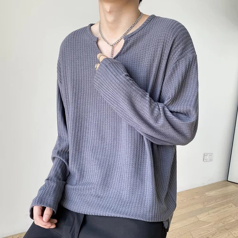 CHINEE-High-Quality-Long-Sleeve-T-Shirts-Mens-Custom-Plain-V-Neck-Oversized-Summer-Autumn-Breathable-Street-Waffle-T-Shirt-Men