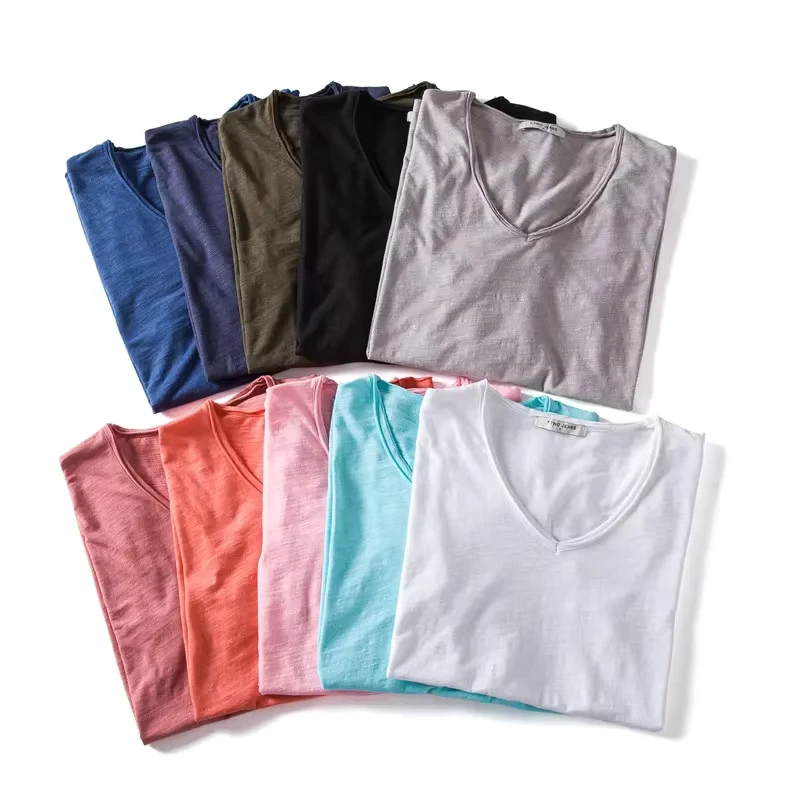 CHINEE-High-Quality-Mens-100-Cotton-Oversize-T-Shirt-Blank-V-Neck-T-Shirt