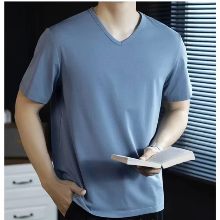 CHINEE-High-Quality-Mens-Fashion-Casual-V-Neck-T-Shirt-Basic-Plain-Comfortable-Short-Sleeve-Top-China-Factory-Knitted-Fabric