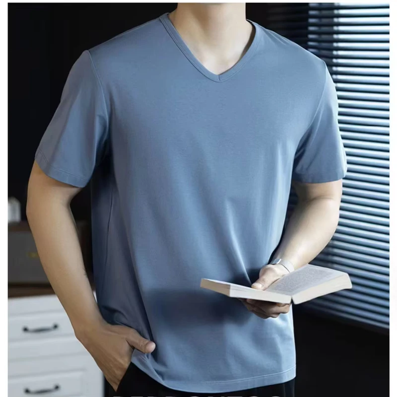 CHINEE-High-Quality-Mens-Fashion-Casual-V-Neck-T-Shirt-Basic-Plain-Comfortable-Short-Sleeve-Top-China-Factory-Knitted-Fabric