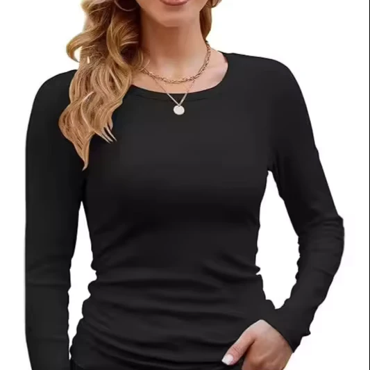 CHINEE-High-Quality-Summer-Womens-Casual-Long-Sleeve-Stretch-O-Neck-Fitted-Eco-Friendly-Puff-Sleeve-Ribbed-Tops-T-Shirt