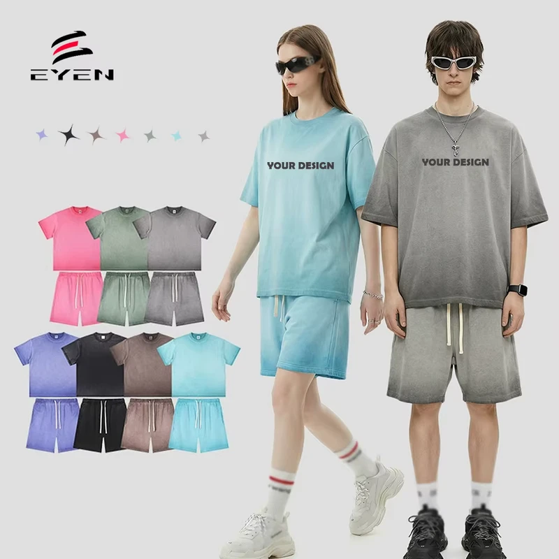 CHINEE-High-Quality-Unisex-Clothing-Cotton-T-shirt-and-Shorts-Custom-Tracksuit-Streetwear-Men-Sets-Short-Sets-Acid-Wash-Summer-for-Men