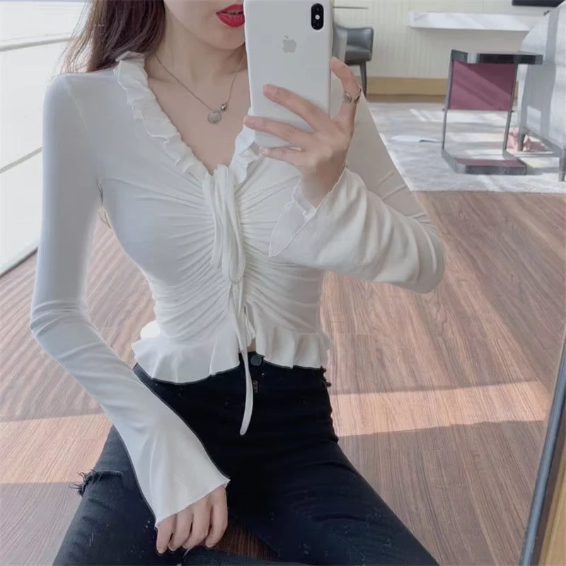CHINEE-Hong-Kong-style-Design-Drawstring-Cinched-Waist-Base-Ruffled-Collar-T-shirt-Flared-Sleeves-Slim-Short-length-Breathable-Cotton
