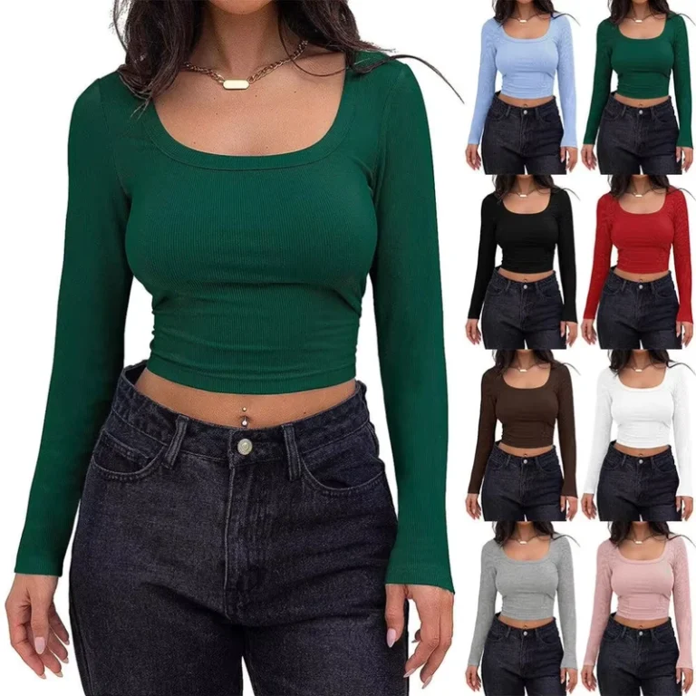 CHINEE-I-0703-European-and-American-Square-Neck-Slim-Short-Long-Sleeved-Threaded-Pit-Strips-Womens-T-Shirt