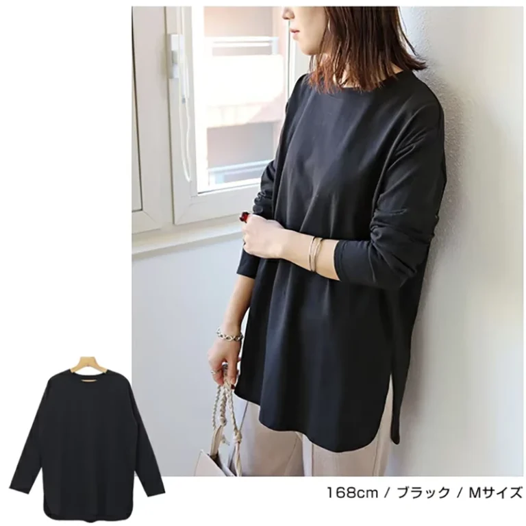 CHINEE-Japan-Style-Oversized-Long-Sleeve-Women-T-Shirt-100-Cotton-Woven-Solid-Color-Side-Split-Curved-Hem-Casual-Layering-Top-OEM