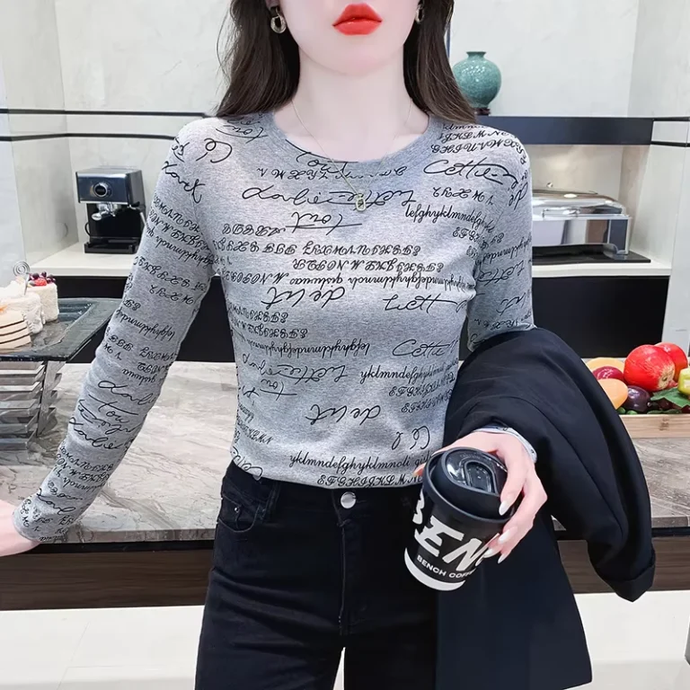 CHINEE-Korean-Station-Round-Neck-Womens-T-shirt-with-Female-Letter-Printing-Design-Slim-Fit-Womens-Long-Sleeved-Top