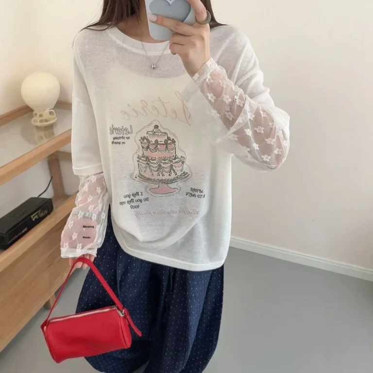 CHINEE-Korean-Style-Ins-Style-Cake-Printed-Polyester-Cotton-Two-piece-Long-sleeved-T-shirt-Womens-Loose-All-match-Slimming-Top