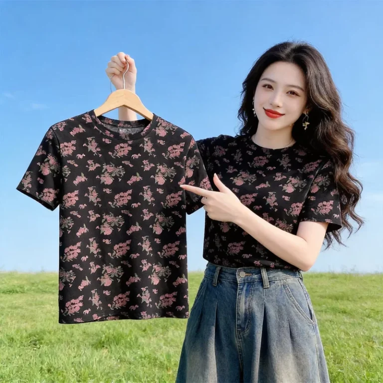 CHINEE-Korean-Version-Loose-Slimming-Short-Sleeved-T-shirt-for-Womens-Fashion-Printed-Design-Sense-Top-for-Womens-Clothing
