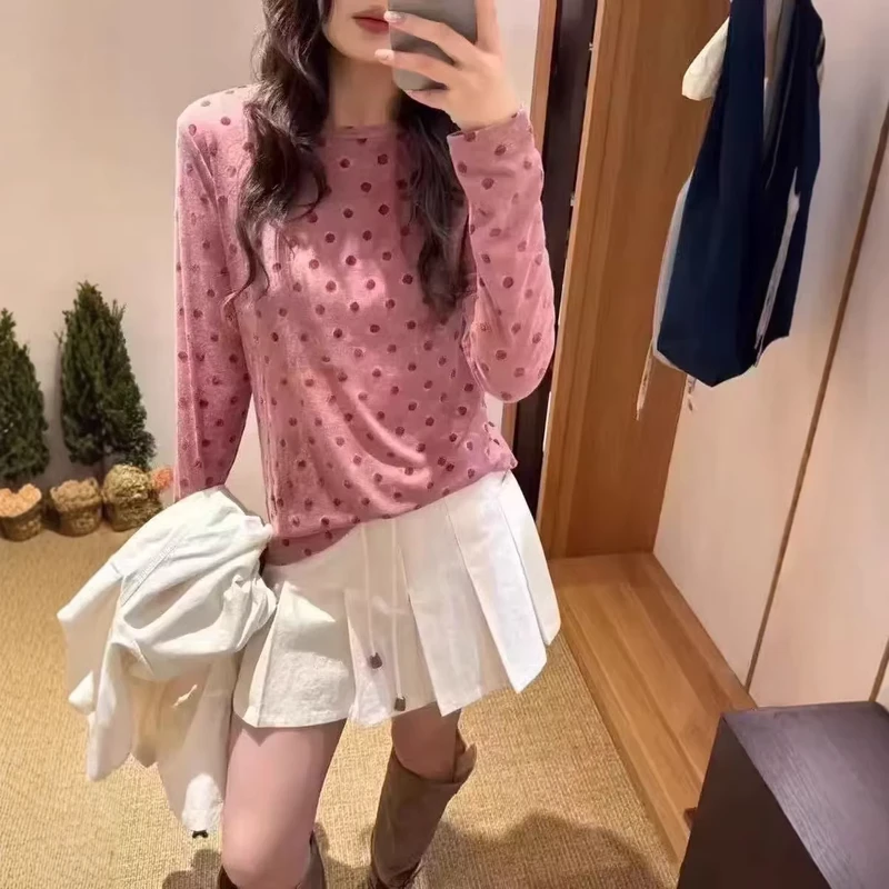 CHINEE-Korean-style-Niche-Flocked-Polka-Dot-Loose-Fit-Crew-Neck-Long-sleeve-T-shirt-Women-Spring-Sweet-Versatile-Base-Shirt