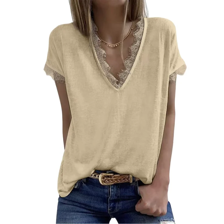CHINEE-LXS22-Summer-Womens-Breathable-Anti-Pilling-U-Neck-Casual-Short-Sleeve-T-Shirt-Solid-Color-Lace-Print-220g-Polyester-Knitted