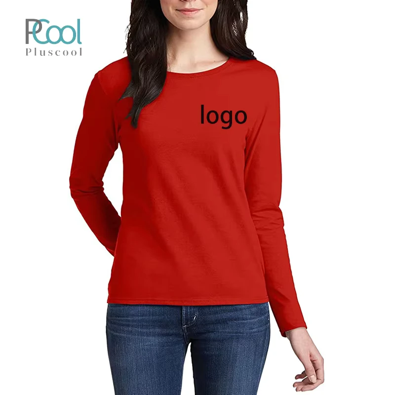 CHINEE-Ladies-100-Cotton-Long-Sleeve-Custom-Red-t-Shirt