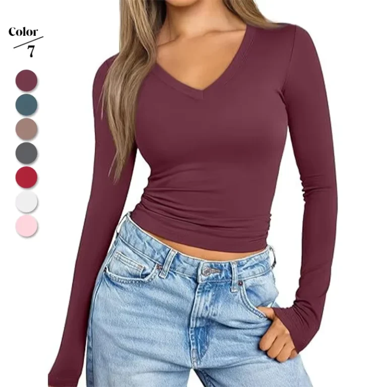 CHINEE-Ladys-Casual-Lightweight-Eco-Friendly-Cotton-T-Shirt-V-Neck-Long-Sleeve-Tops-High-Elasticity-Solid-Color-Crop-Top-for-Summer