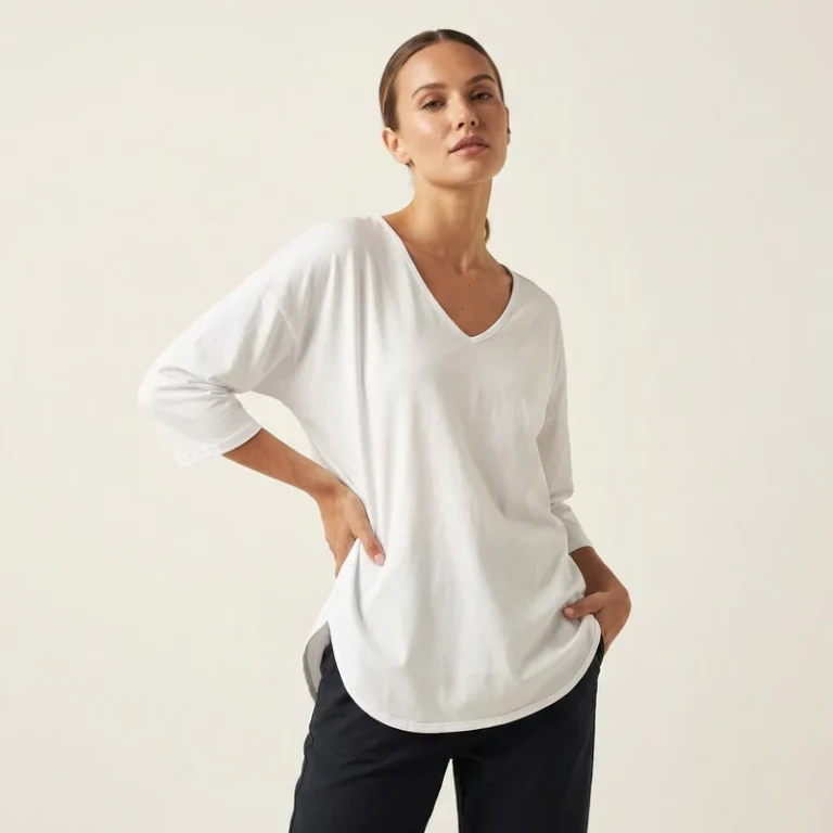 CHINEE-Large-Breathable-Loose-Casual-Solid-V-Neck-T-Shirt-with-Drop-Shoulder-3-4-Sleeves-and-Rounded-Hem-95-Cotton-Spring-Summer