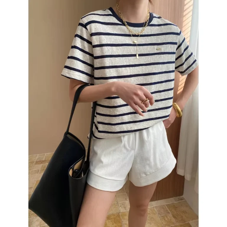 CHINEE-Light-Oxygen-Holiday-Washed-Snowflake-Cotton-Contrast-Color-Striped-Shoulder-Slimming-Short-Sleeve-T-shirt-Sn7292