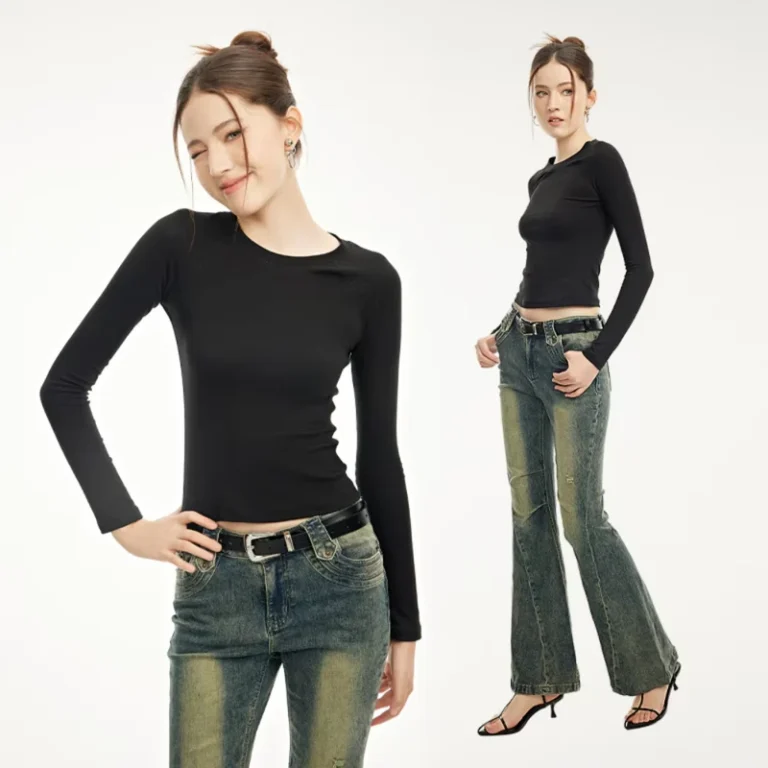 CHINEE-Long-Sleeve-Fitted-Women-T-shirt-Crew-Neck-Raglan-Sleeves-Embroidered-LOGO-Solid-Color-Women-T-shirt