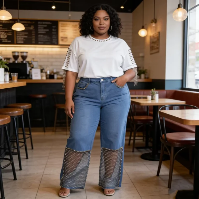 CHINEE-M-4XL-New-Arrivals-Open-and-Loose-Short-sleeved-White-T-shirt-Top-Blue-High-waisted-Denim-Wide-leg-Pants