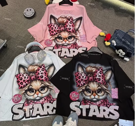 CHINEE-Manufacturer-Custom-New-Fashion-Hot-Mouse-Oversized-Tshirt-Shine-Glitter-Rhinestone-Luxury-Women-T-shirts-1