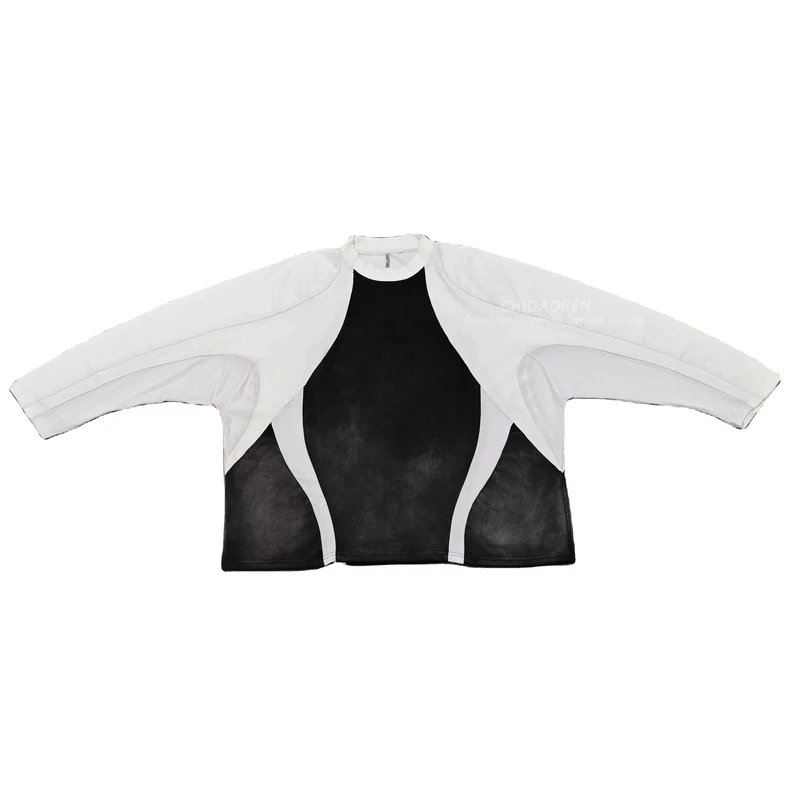 CHINEE-Manufacturer-Custom-Vintage-Wash-Streetwear-Mesh-Patchwork-Men-Mock-Neck-Oversized-Long-Sleeve-T-shirt