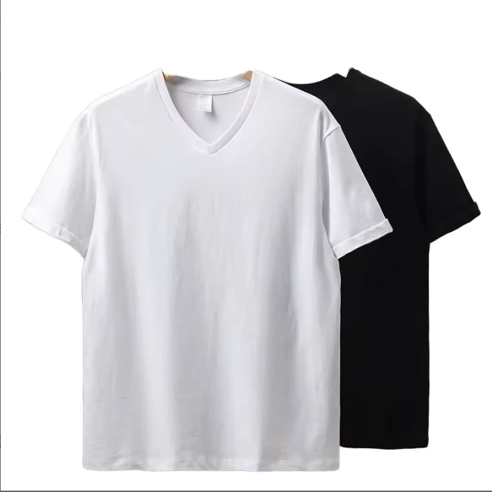 CHINEE-Men-and-Women-Plain-White-V-neck-T-shirt-100-Cotton-Custom-Printed-Logo-Blank-Casual-Short-Sleeve-T-Shirts
