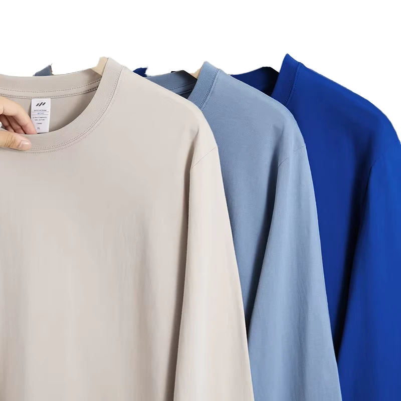 CHINEE-Mens-100-Cotton-Oversized-Long-Sleeve-Gym-T-Shirt-6-Color-Double-Layer-Solid-Pattern-Custom-Thermal-220-Grams-Knitted