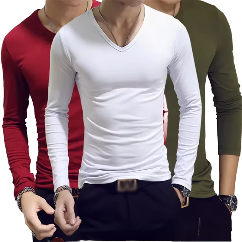 CHINEE-Mens-200g-Lightweight-Long-Sleeve-V-Neck-Tshirt-Custom-OEM-Logo-Solid-Casual-T-Shirts-Trend-Summer-Autumn-Promo