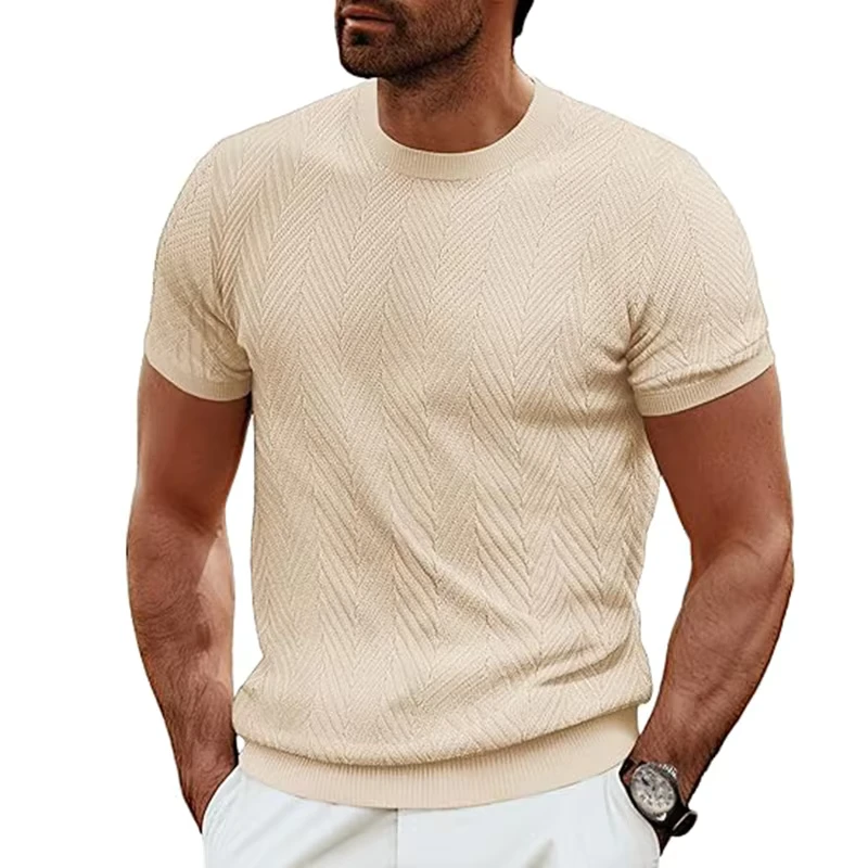 CHINEE-Mens-Casual-Crew-Neck-Short-Sleeve-T-Shirt-Breathable-Anti-Wrinkle-Knit-Shirt-Solid-Logo-Pure-Cotton-220-Grams-INS-Fitted