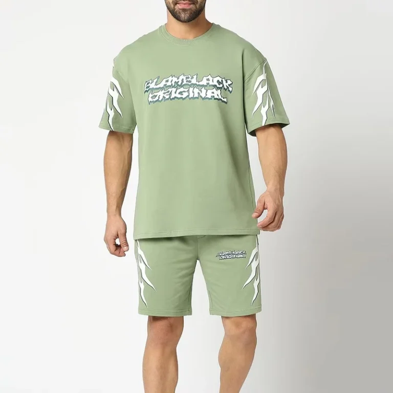 CHINEE-Mens-Green-Cotton-T-Shirt-And-Shorts-Set-Crew-Neck-Printed-Letter-Pattern-Casual-Summer-Wear-Breathable-Knitted-Fabric