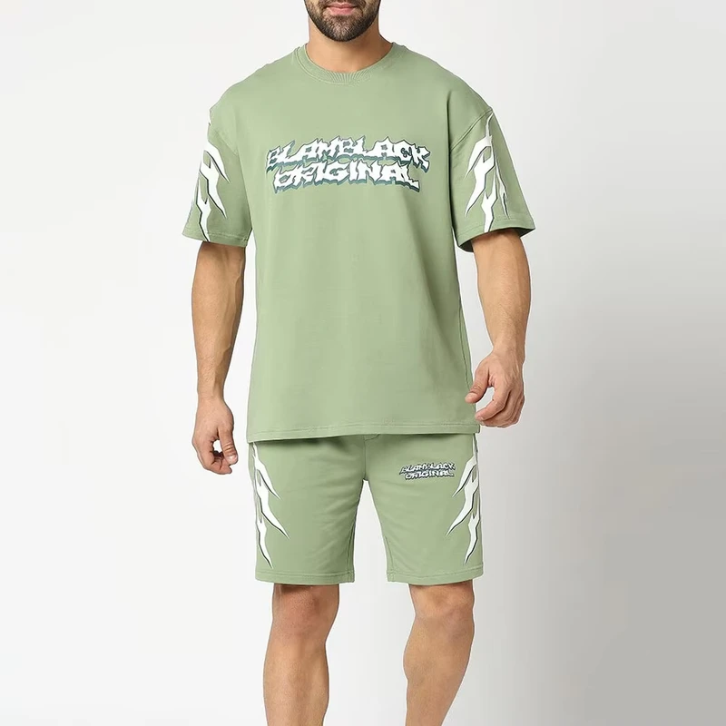 CHINEE-Mens-Green-Cotton-T-Shirt-And-Shorts-Set-Crew-Neck-Printed-Letter-Pattern-Casual-Summer-Wear-Breathable-Knitted-Fabric