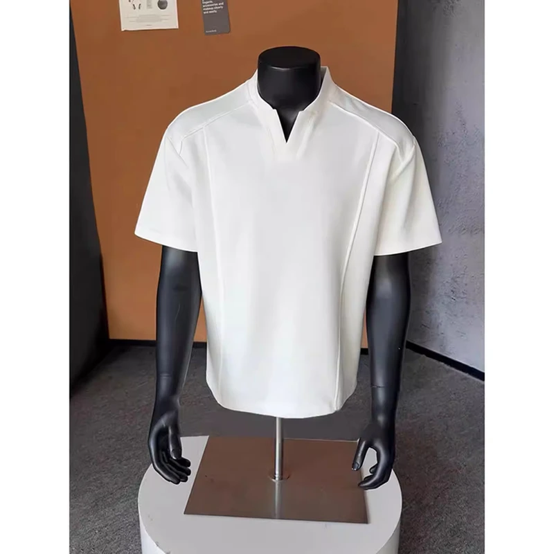 CHINEE-Mens-Heavyweight-V-Neck-T-Shirt-American-Style-Solid-Color-Short-Sleeve-Regular-Shoulder-Streetwear-Look-Custom-Logo