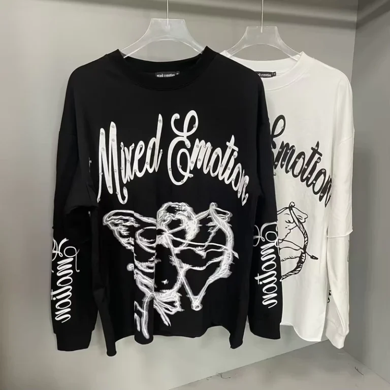 CHINEE-Mens-Hip-Hop-Oversized-T-shirt-Character-Pattern-Cotton-MIXED-EMOTION-Long-Sleeve-T-shirt