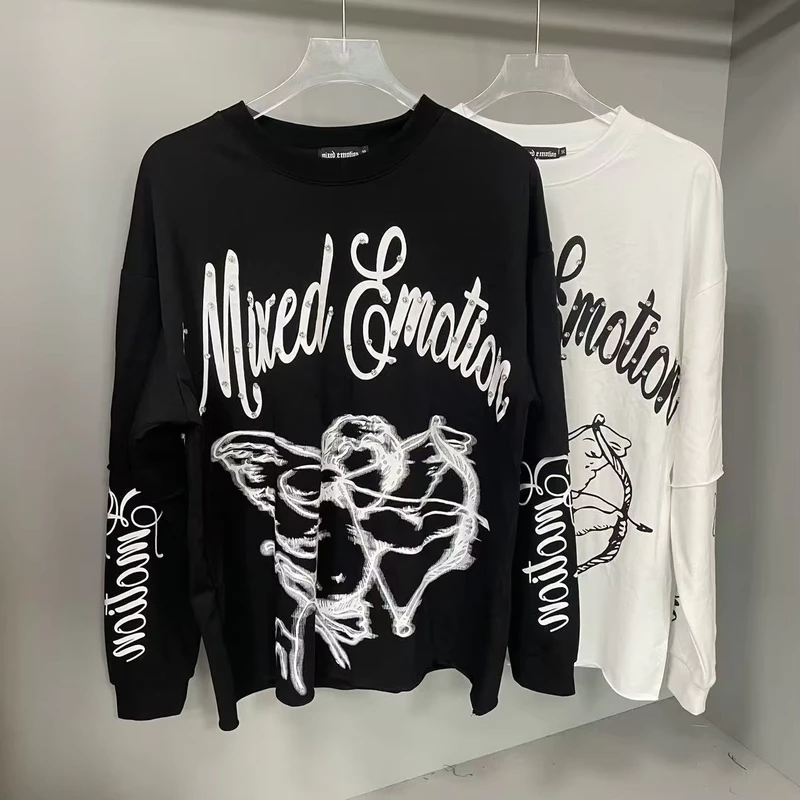 CHINEE-Mens-Hip-Hop-Oversized-T-shirt-Character-Pattern-Cotton-MIXED-EMOTION-Long-Sleeve-T-shirt