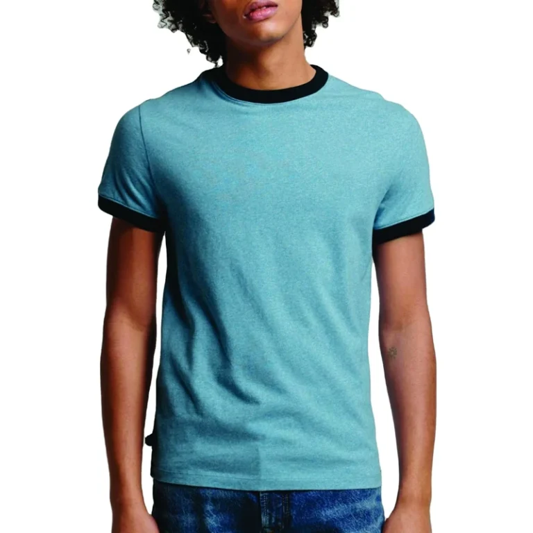 CHINEE-Mens-Light-Blue-O-Neck-T-Shirt-Short-Sleeve-Regular-Fit-Contrast-Trim-Knitted-100-Cotton-Casual-Solid-Color