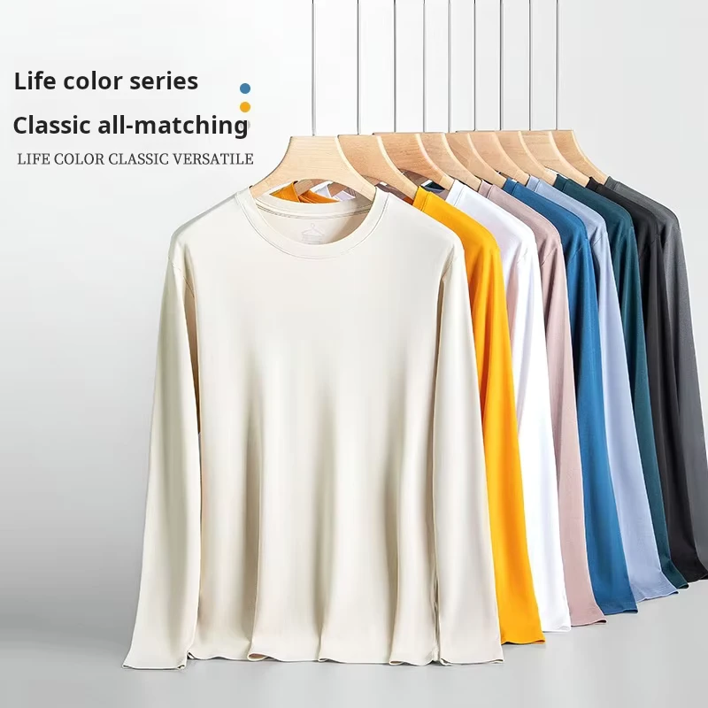 CHINEE-Mens-Long-Sleeve-T-Shirt-Soft-Cotton-with-Tencel-Lyocell-Comfortable-Spring-Autumn-Outerwear-and-Homewear-Blank-Design