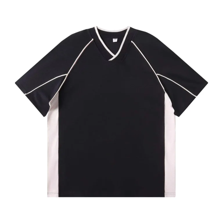 CHINEE-Mens-Oversized-V-Neck-Short-Sleeve-T-Shirt-Color-Blocked-Contrast-Trim-Sporty-Knitted-Polyester-Solid-Black-White
