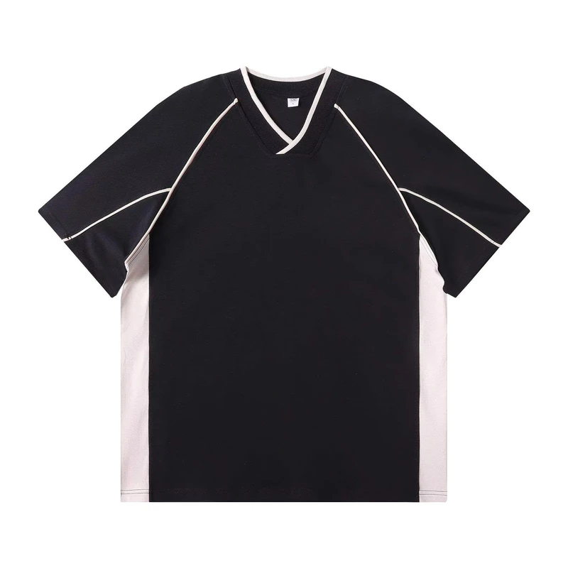 CHINEE-Mens-Oversized-V-Neck-Short-Sleeve-T-Shirt-Color-Blocked-Contrast-Trim-Sporty-Knitted-Polyester-Solid-Black-White