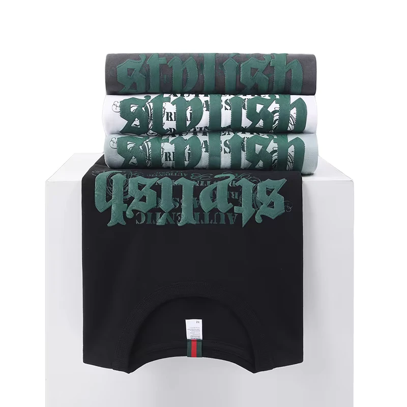 CHINEE-Mens-Printed-Knitted-100-Cotton-220g-Silk-Screen-Printed-Blank-Design-Casual-Short-Sleeve-T-Shirt