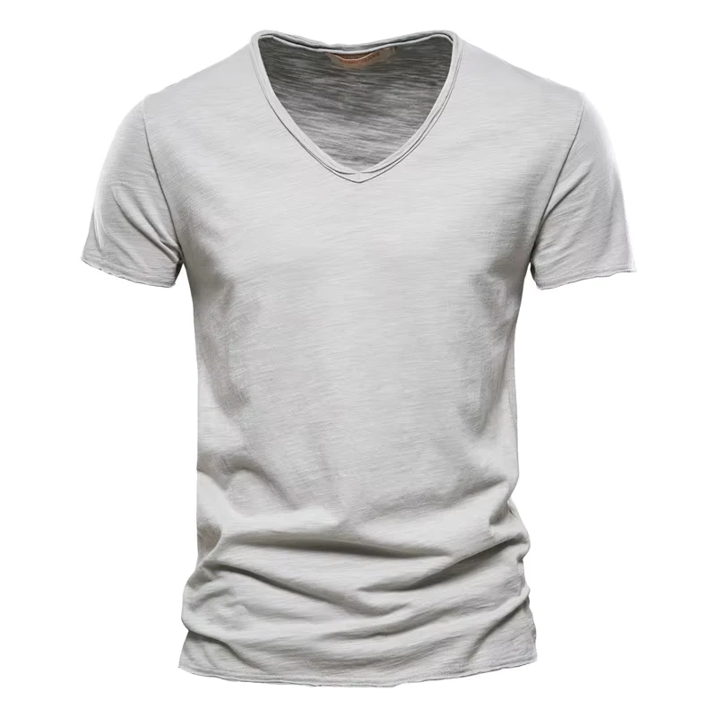 CHINEE-Mens-Short-Sleeve-V-Neck-T-Shirt-Summer-Fashion-Solid-Color-Slub-Cotton-Pure-Cotton-Versatile-Urban-Style