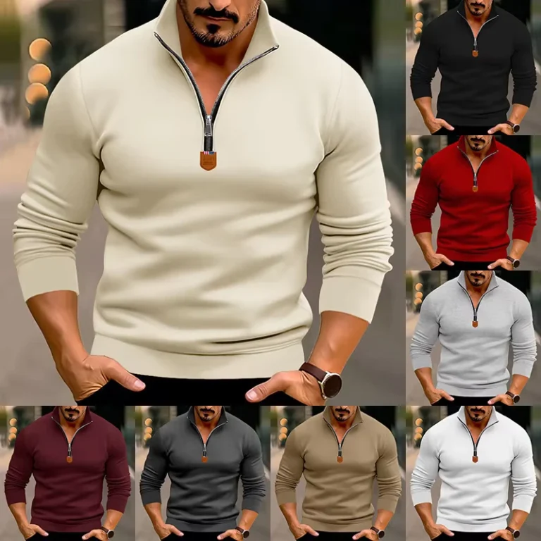 CHINEE-Mens-Slim-Autumn-Winter-Solid-Color-Half-Zip-Stand-Collar-Long-Sleeve-T-Shirt-Casual-Anti-Pilling-Breathable