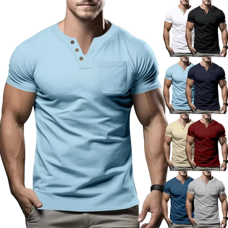 CHINEE-Mens-Summer-Casual-Slim-Fit-Solid-V-Neck-Short-Sleeve-T-Shirt-100-Cotton-Knitted-180g-Breathable-Eco-Friendly-Quick-Dry