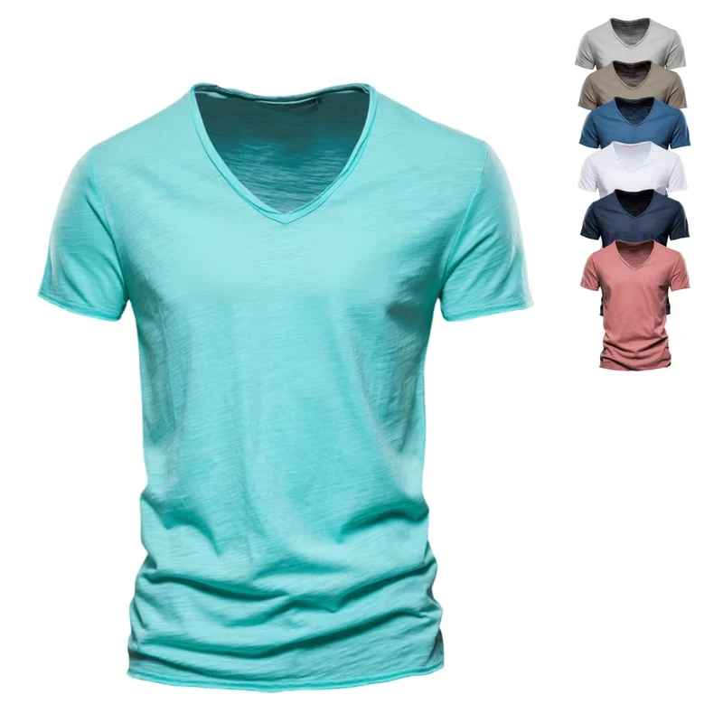 CHINEE-Mens-Summer-Solid-Color-Slub-Cotton-V-Neck-Short-Sleeve-T-Shirt-High-Quality-Blank-Casual-Eco-Friendly-Breathable-Slim-Fit