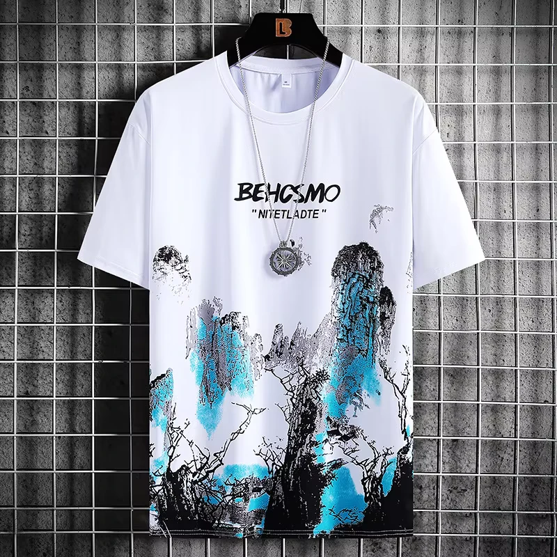 CHINEE-Mens-Summer-T-Shirt-Crew-Neck-Short-Sleeve-Loose-Half-Sleeve-Base-Solid-Pattern-Printed-on-Knitted-Fabric-Puff-Print-Tshirt