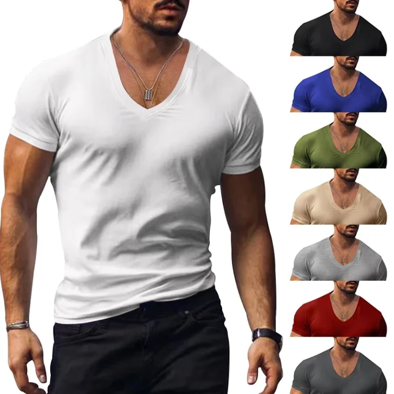 CHINEE-Mens-Summer-V-neck-Solid-Color-Slim-Fit-Breathable-Quick-Drying-Short-Sleeve-T-Shirt-with-Mercerized-Cotton