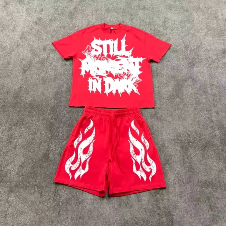 CHINEE-Mens-Thermal-Summer-Vibrant-Red-Oversized-Cropped-T-Shirt-Shorts-Set-Distressed-Metal-Band-Lettering-Flame-Print-Casual