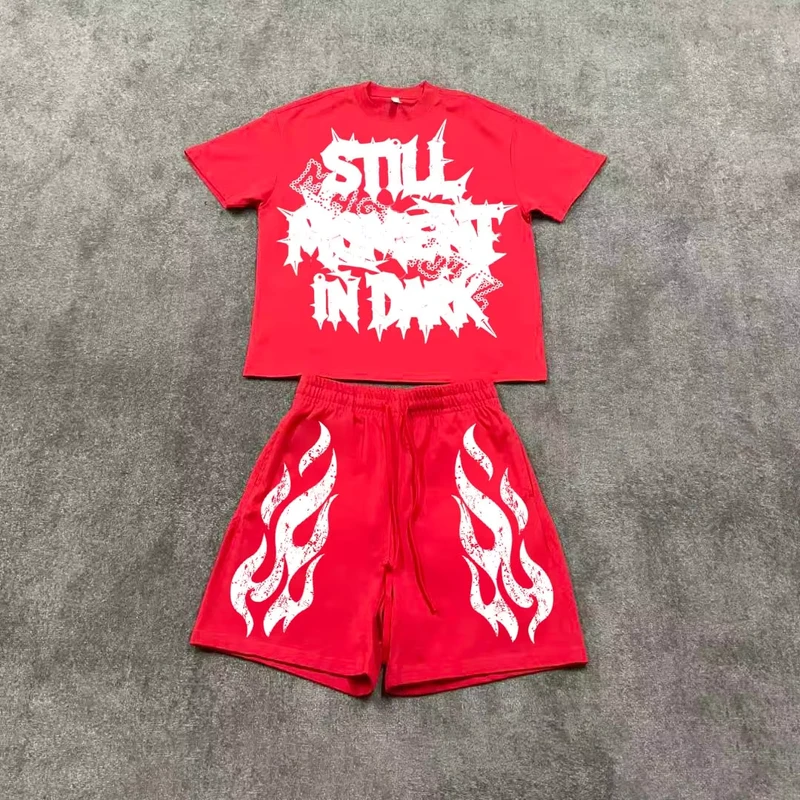 CHINEE-Mens-Thermal-Summer-Vibrant-Red-Oversized-Cropped-T-Shirt-Shorts-Set-Distressed-Metal-Band-Lettering-Flame-Print-Casual